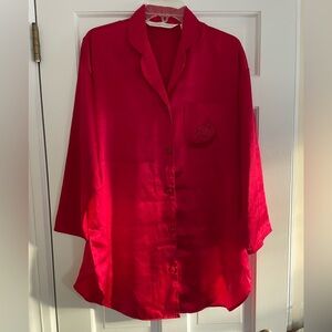 Victoria’s Secret Silky Red Floral Embroidered Pocket Night Shirt Robe. Size S.